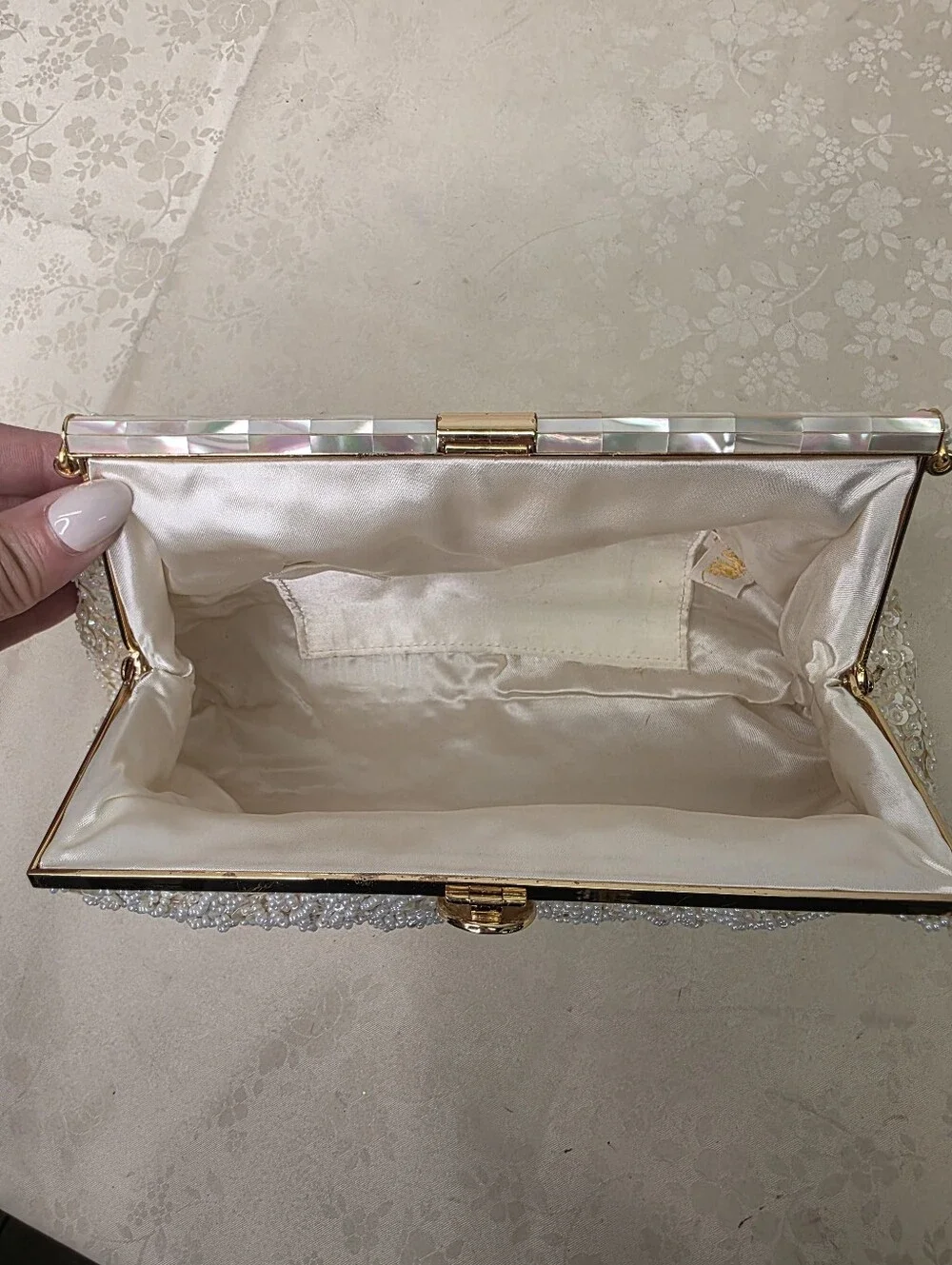 Vintage Beaded Sequined Evening Bag Mother of Pearl Clasp Hand Made Hong Kong